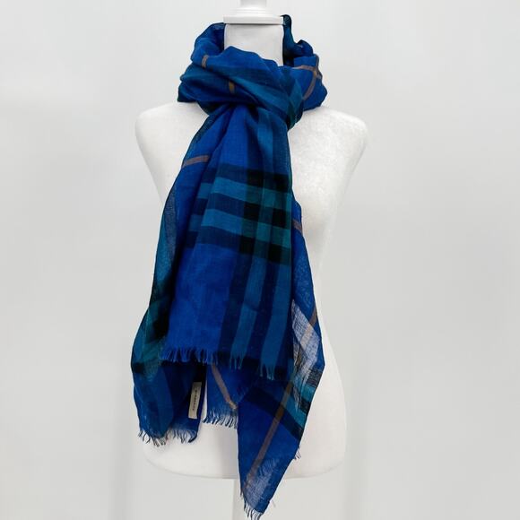 Burberry Scarf Authentic Blue Gauze Oversized Lightweight Plaid Nova Check Sheer - Picture 3 of 10